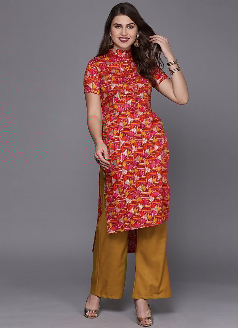 Multicolored Printed Cotton High N Low Kurta Set