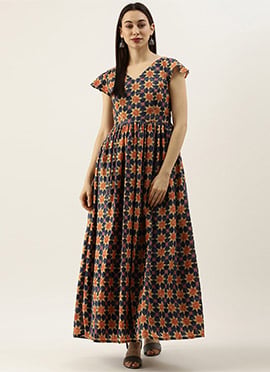 Multicolored Printed Gathered Ankle Length Gown