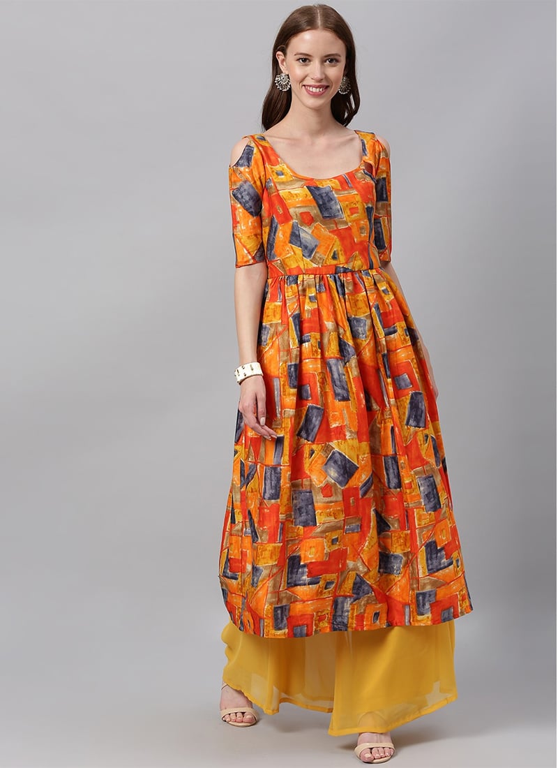 Multicolored Printed Kurti With Keyhole Style Party Wear