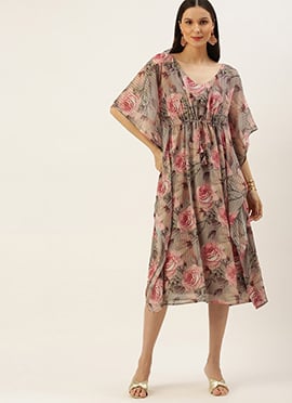 Teen Girls Multicolored Printed N Embroidered V Neckline Kaftan
