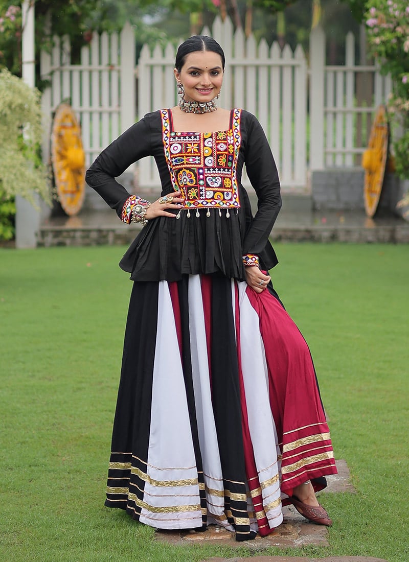 Multicolored Rayon Kutch Gamthi Work Indowestern Skirt Set