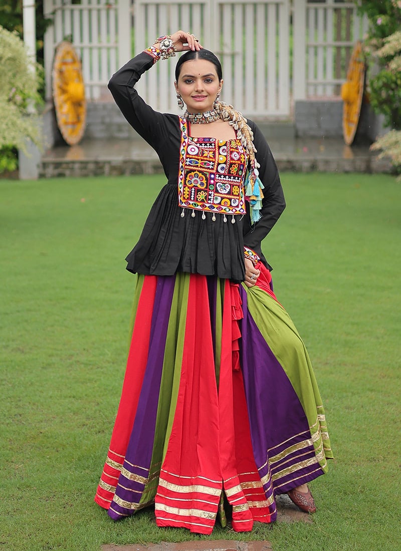 Multicolored Rayon Kutch Gamthi Work Indowestern Skirt Set Festive Wear