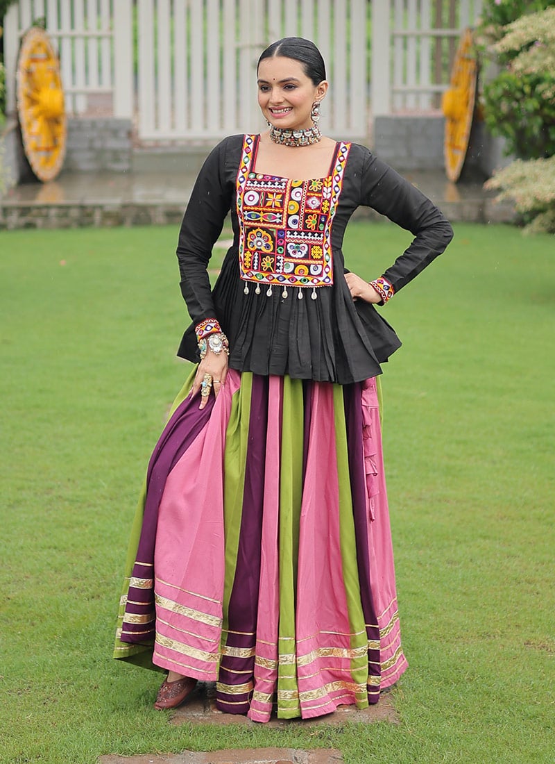 Multicolored Rayon Kutch Gamthi Work Indowestern Skirt Set