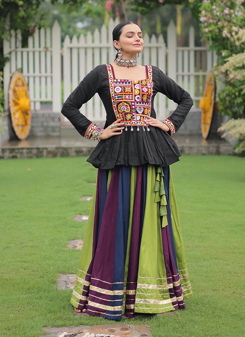 Multicolored Rayon Kutch Gamthi Work Indowestern Skirt Set