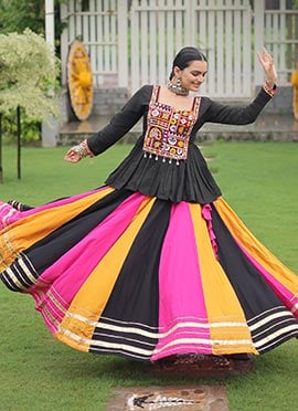 Multicolored Rayon Kutch Gamthi Work Indowestern Skirt Set Festive Wear
