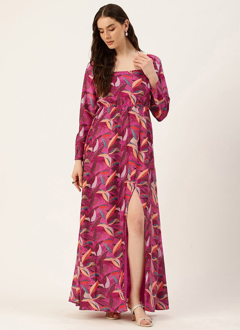 Multicolored Satin Digital Print High Slit Gown