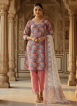 Multicolored Semi Cotton Printed Straight Pant Suit