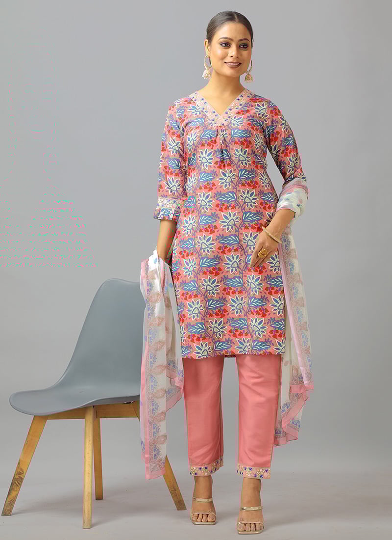 Teen Girls Multicolored Semi Cotton Printed Straight Pant Suit Festive Wear
