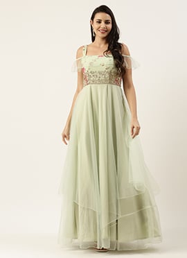 Teen Girls Multicolored Viscose N Green Net Layered Gown