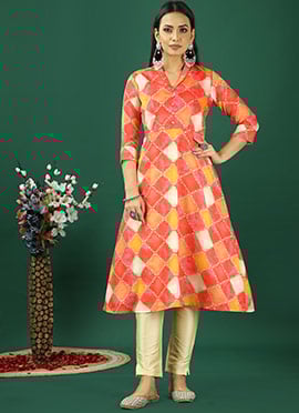 Multicolour Cotton Printed Shawl Collar Kurta Set