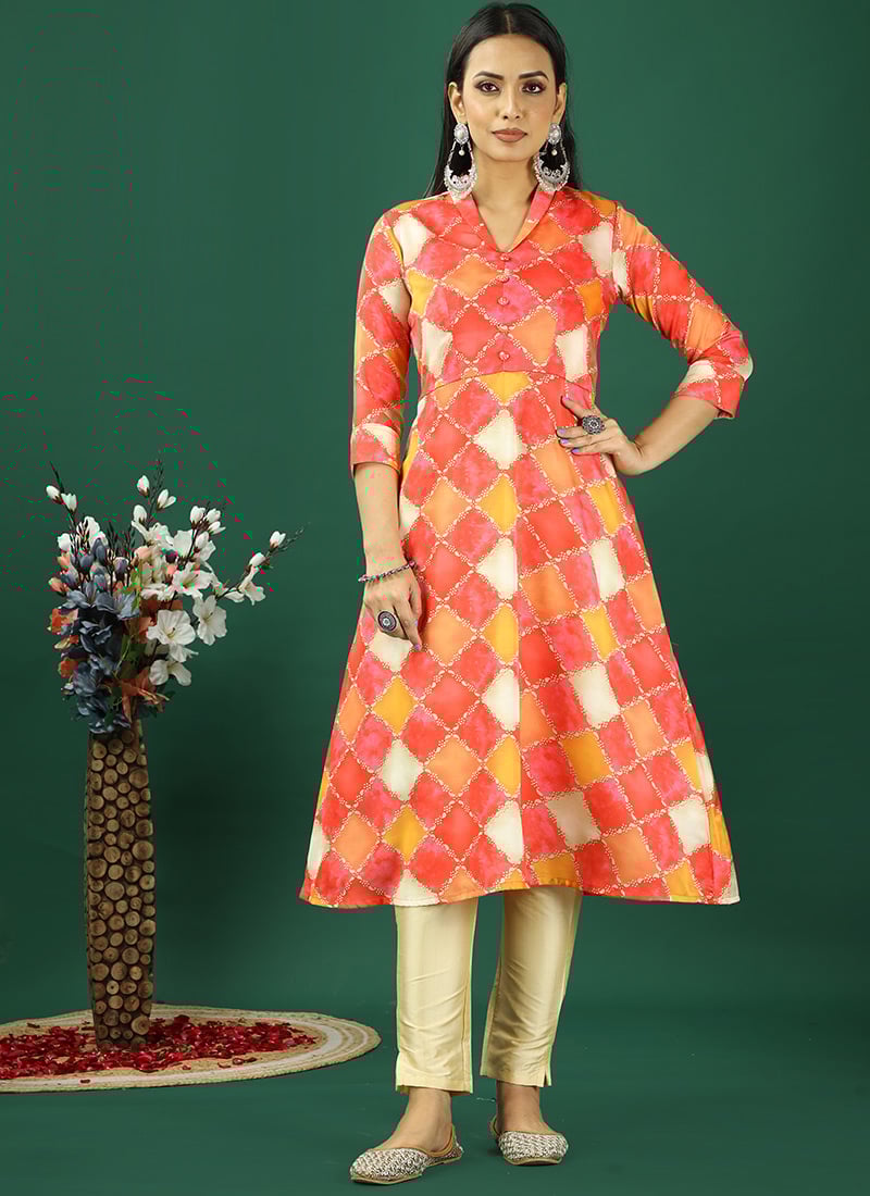 Teen Girls Multicolour Cotton Printed Shawl Collar Kurta Set Festive Wear