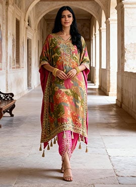 Multicoloured Crepe Silk Embroidered And Printed Indowestern Kaftan Dhoti Set