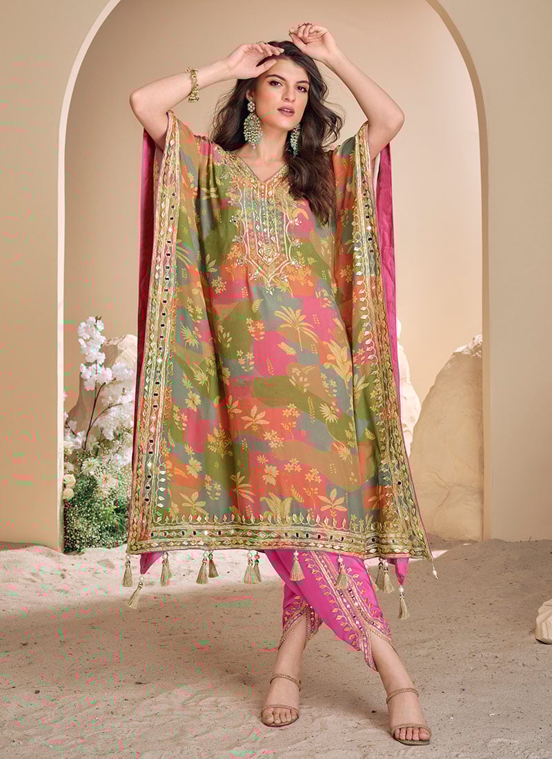 Multicoloured Crepe Silk Embroidered And Printed Indowestern Kaftan Dhoti Set Festive Wear