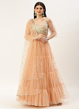 Multicoloured N Peach Net Embroidered Lehenga