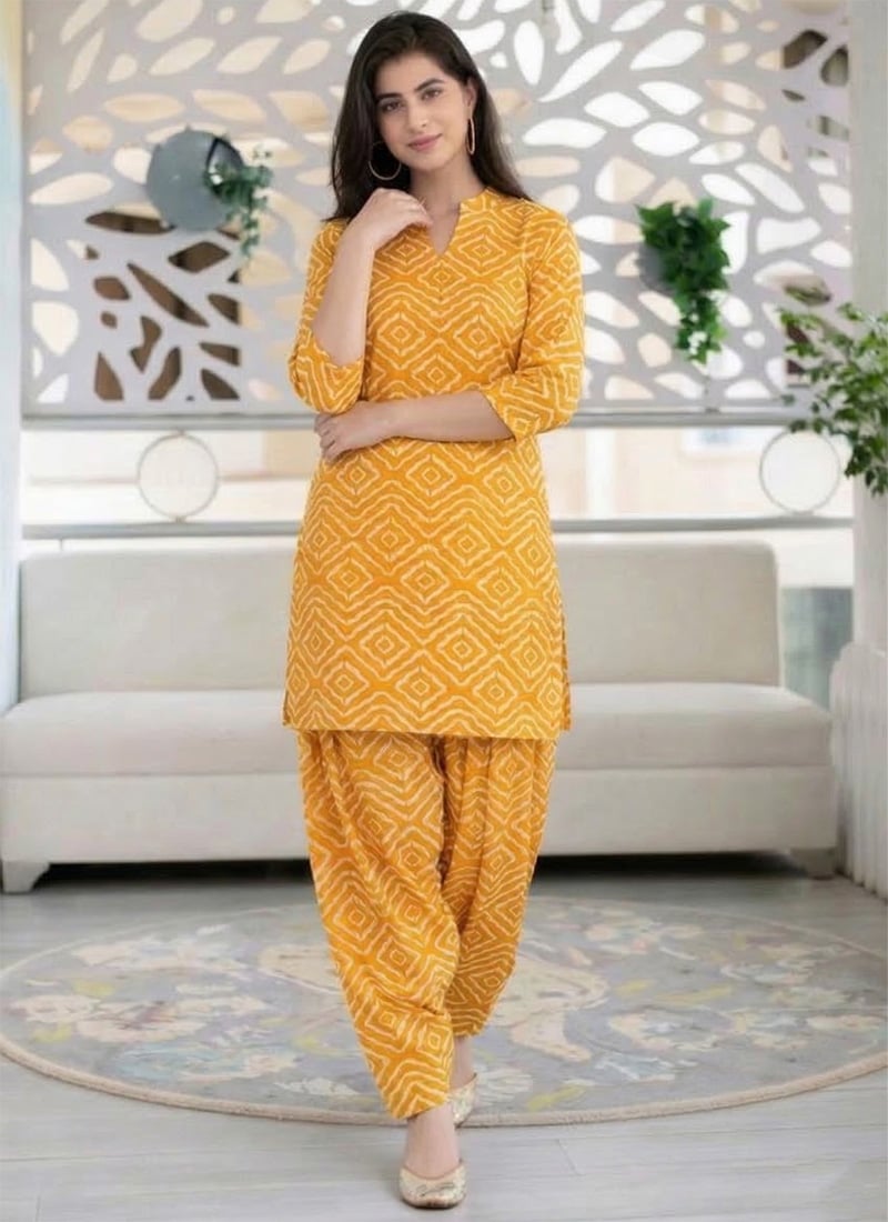 Mustard Art Silk Printed Kurta Set After Six Wear