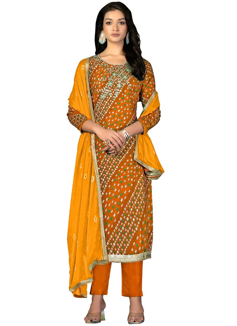 Mustard Bandhani Printed Cotton Straight Pant Suit Festive Wear