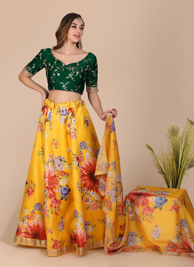 Mustard Bangalori Silk Digital Printed Umbrella Lehenga Party Wear