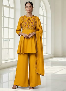 Mustard Chinon Peplum Palazzo Suit with Zari Embroidery