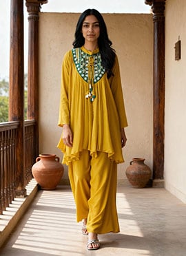 Mustard Chinon Silk Zardosi Embroidered Indowestern Palazzo Set