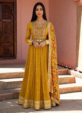 Mustard Chinon Silk Zari Sequins With Beads Work Anarkali Suit With Printed Dupatta