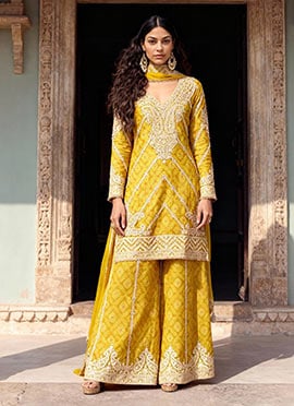 Mustard Chinon Zari Embroidered And Bandhini Print Pakistani Palazzo Suit  Festive Wear