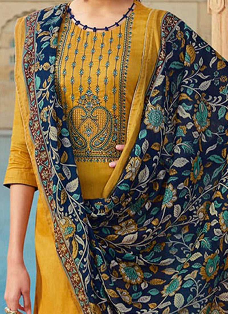 Buy Mustard Cotton Designer Straight Pant Suit Party Wear, Zari