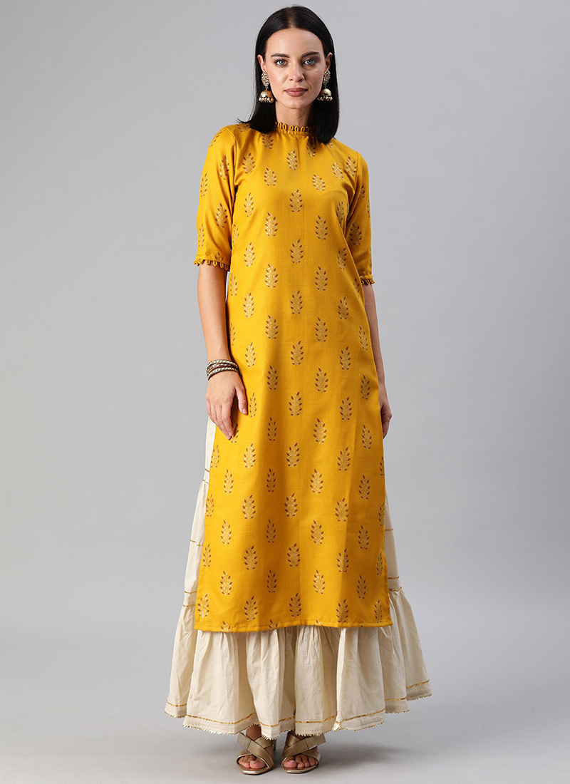 Shop Mustard Customised Closed Neck Foil Printed Kurti Work Wear Made