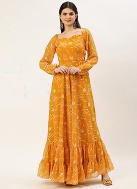 Teen Girls Mustard Digital Print Georgette Maxi Dress