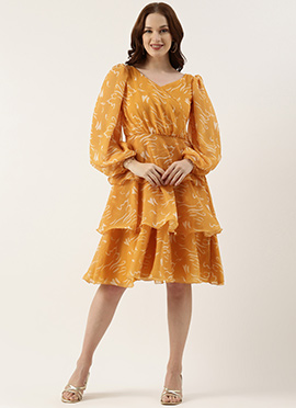 Teen Girls Mustard Digital Printed Georgette Dress