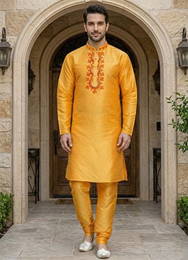 Mustard Dupion Embroidered Kurta Pyjama