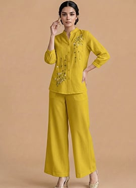 Mustard Embroidered Cotton Co Ord Set With Wide Leg pant