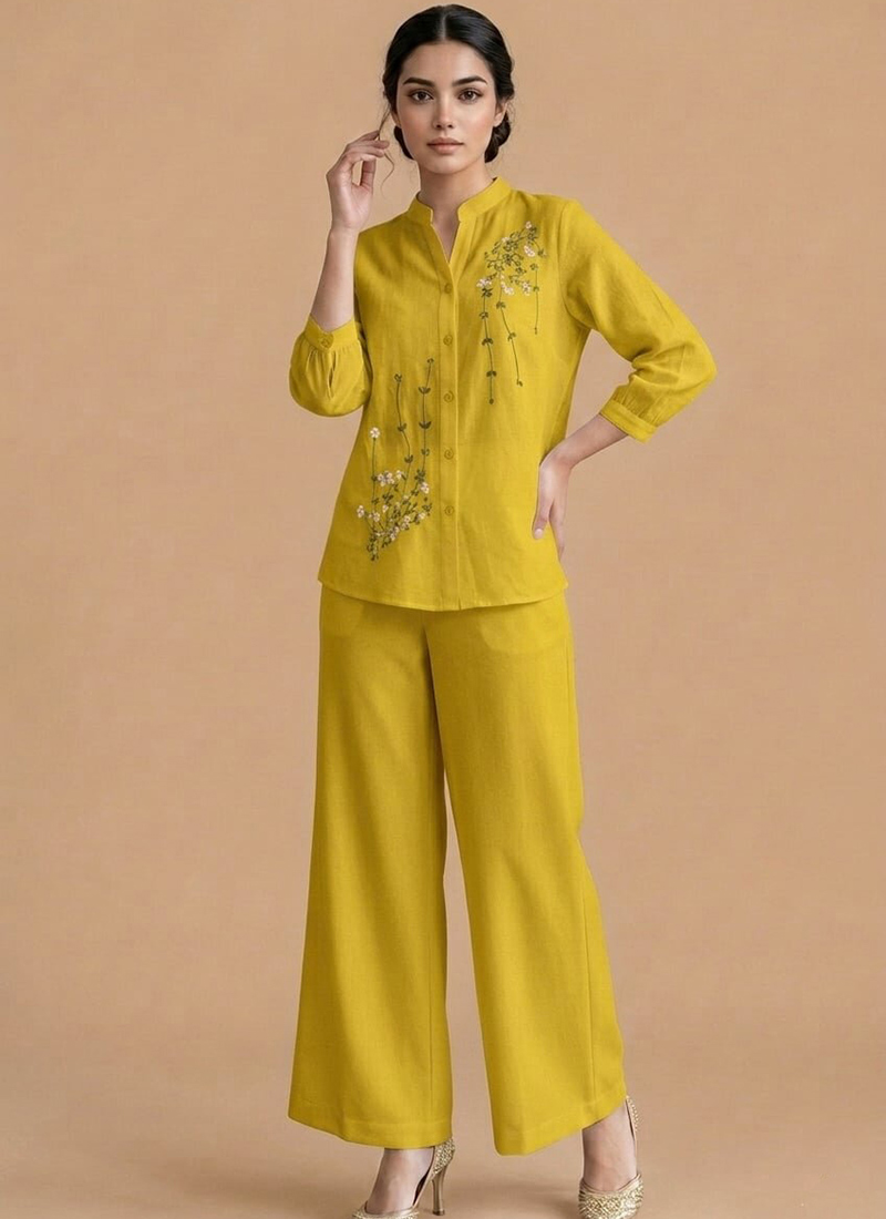 Mustard Embroidered Cotton Co Ord Set With Wide Leg pant After Six Wear