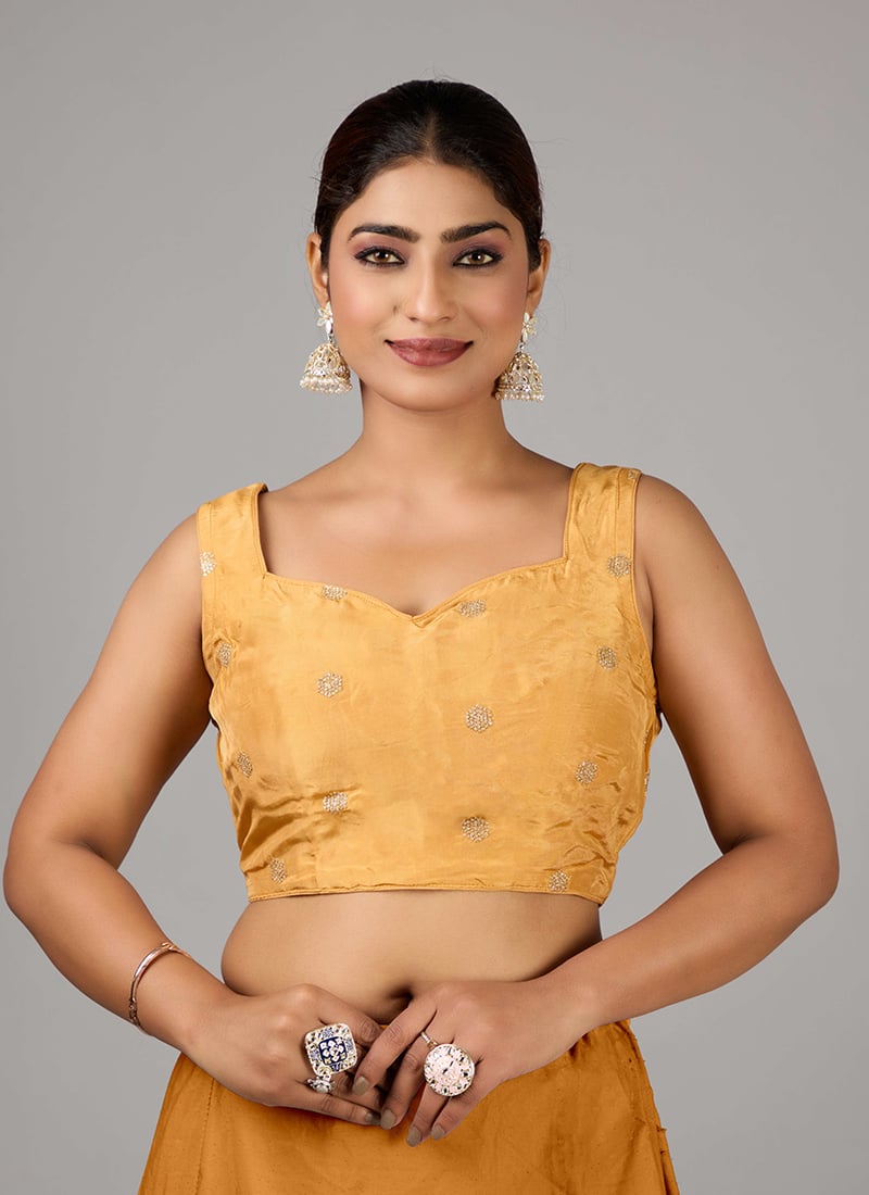 Mustard Embroidered Viscose Sleeveless Blouse Festive Wear