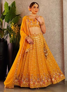 Mustard Faux Georgette Zari Embroidered Sequins Beautiful Lehenga