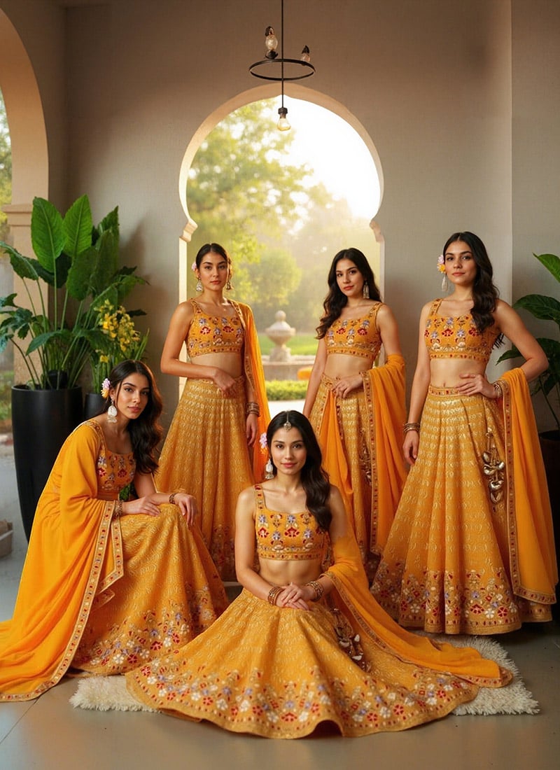 Mustard Faux Georgette Zari Embroidered Sequins Beautiful Lehenga