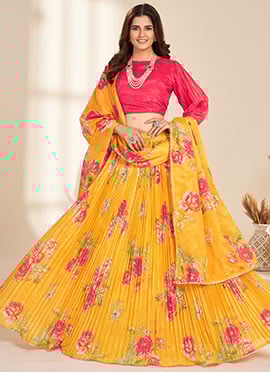 Mustard Organza Digital Print Umbrella Lehenga