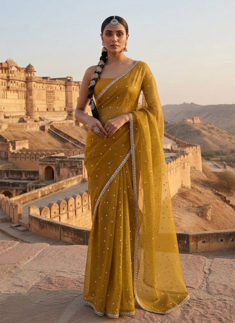 Mustard Organza Zari Hand Embroidered Sequins Saree Wedding Wear