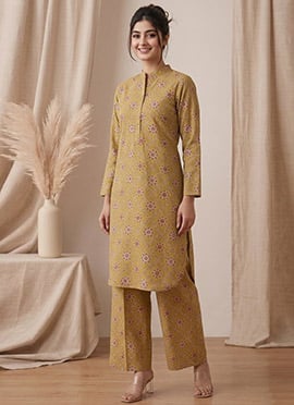 Mustard Printed Cotton Kurta Set