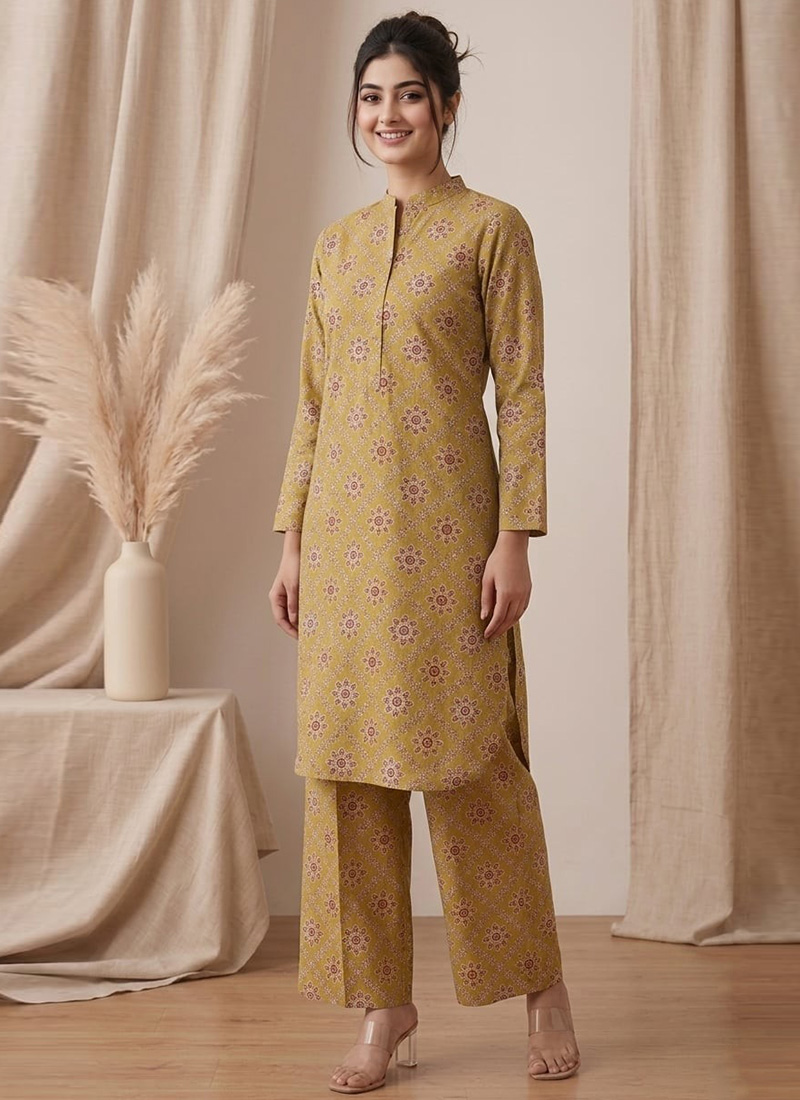 Mustard Printed Cotton Kurta Set After Six Wear
