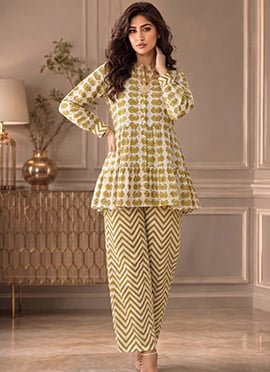 Mustard Printed Cotton Peplum Top Palazzo Set