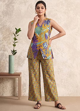 Mustard Printed Cotton Sleeveless Co Ord Pant Set