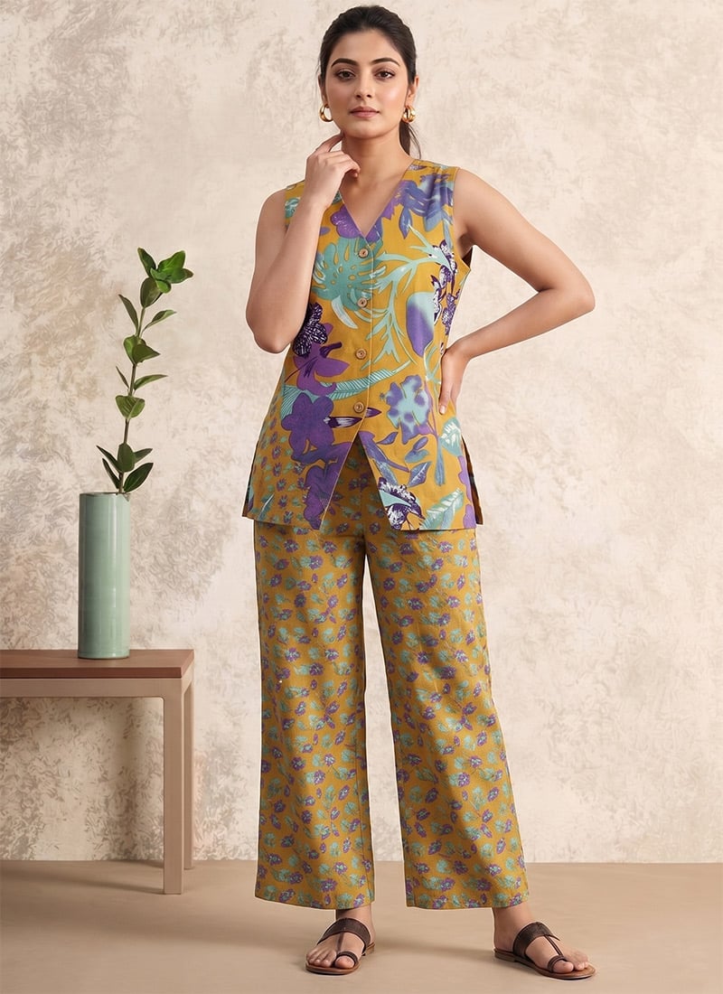 Mustard Printed Cotton Sleeveless Co Ord Pant Set After Six Wear
