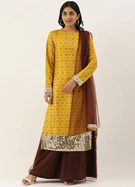 Mustard Printed Embroidered Sharara Suit