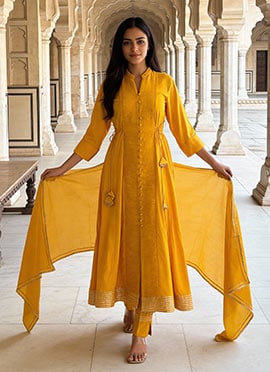 Mustard Rayon Gota Lace Work Anarkali Suit