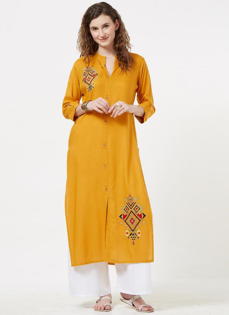 Mustard Rayon Kurta Palazzo Set
