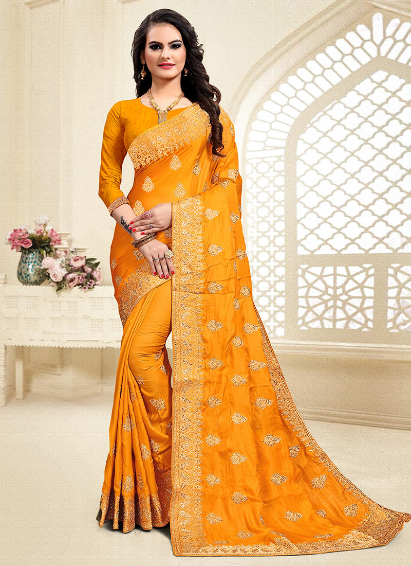 Buy Mustard Satin Silk Embroidered Saree, Embroidered, sari Online Shopping | SASUN702