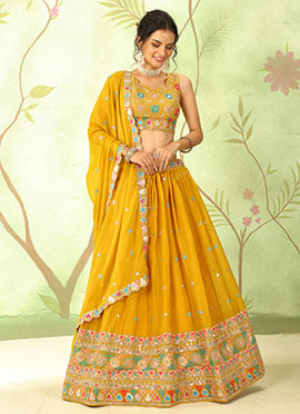 Mustard Silk Embroidered Sequins Lehenga