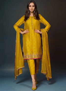 Mustard Silk Hand Embroidered Zari Sequins Straight Pant Suit