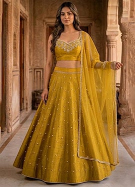 Mustard Silk Moti Hand Embroidered Lehenga
