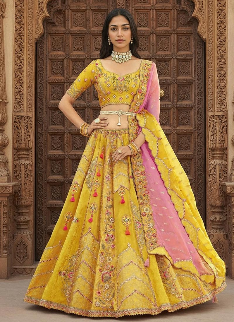 Mustard Silk Zari Embroidered Sequins Lehenga